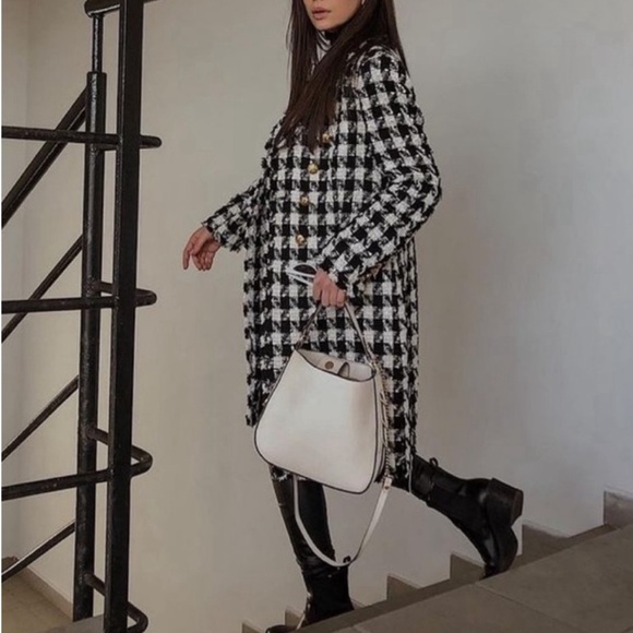 NWT Luxury Minimalist Zara Houndstooth Tweed Fringe Double Breasted Coat - Picture 9 of 17